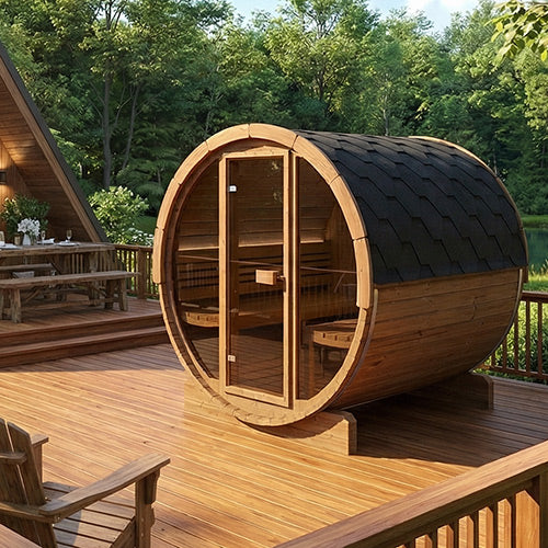 SaunaLife Model E8G Ergo Series Outdoor Sauna Barrel Kit, Glass Front, Up to 6 Persons