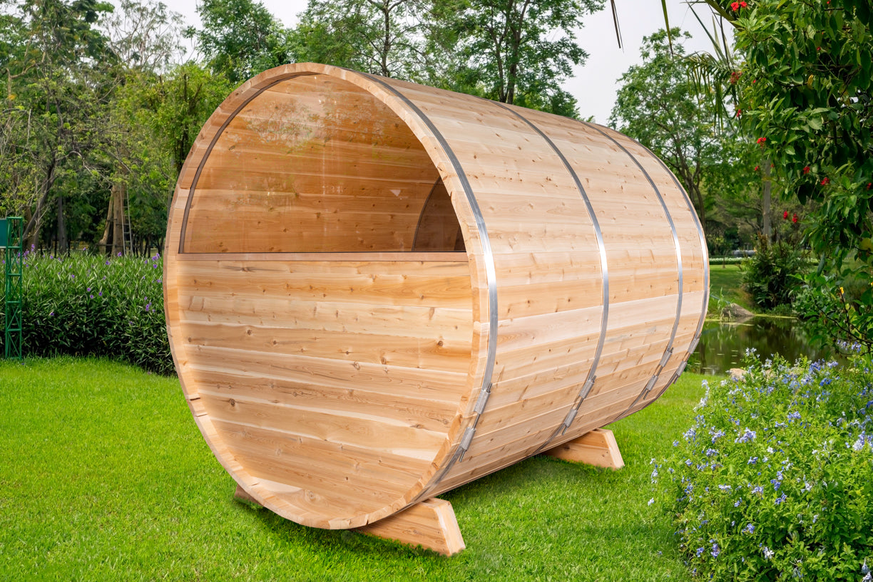 Sauna de barril Serenity con ventanas de media luna