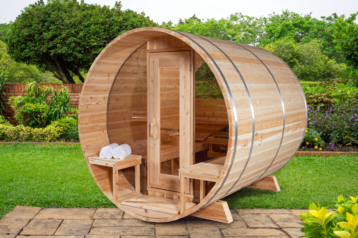 Sauna de barril Serenity con ventanas de media luna