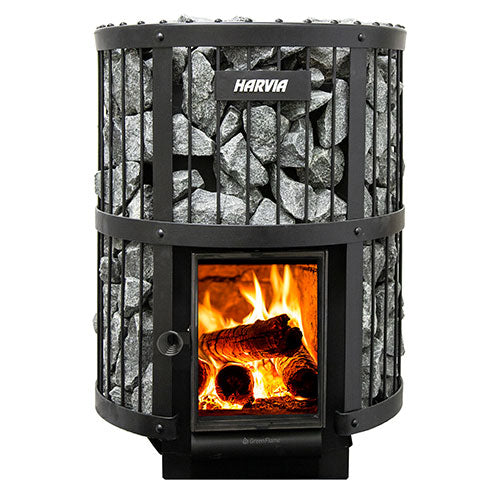 Wood-burning stove with visible fire and Harvia branding on a white background