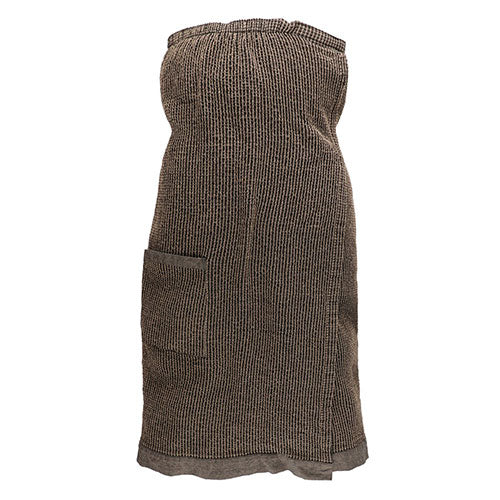 Brown strapless dress with textured pattern on a white background